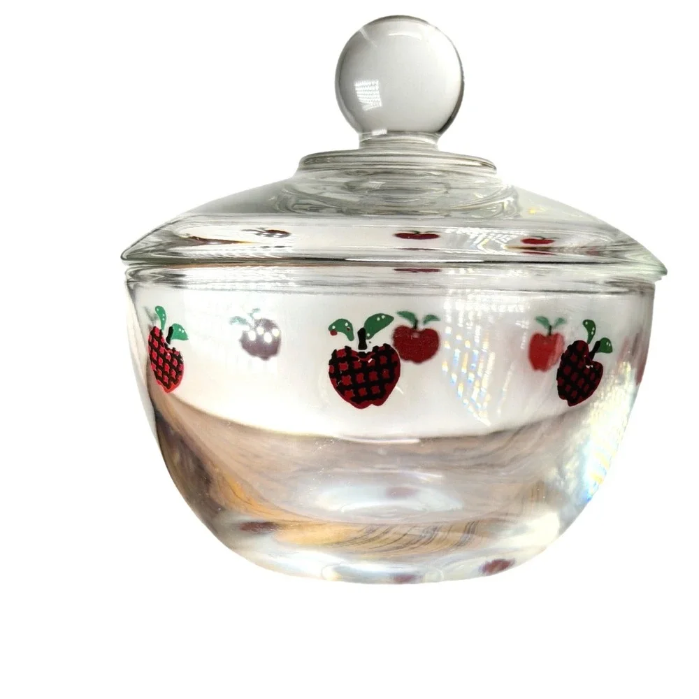 Vintage Clear‎ Glass Sugar Bowl and Creamer Set Red Buffalo Plaid Apple Country